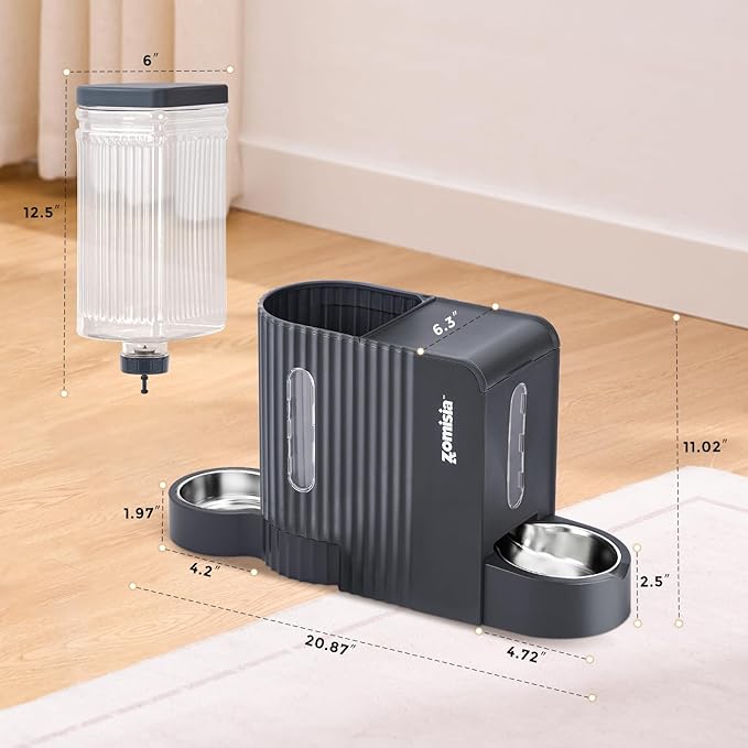 Gravity Cat Feeder and Water Dispenser with 304 Stainless Steel Bowls, 2 in 1 Automatic Cat Feeder with 180 Degree Rotatable Water Bowl, Large Capacity for Puppy Kitten Rabbits, Black-Mewly Pet