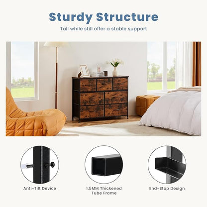 DUMOS Dresser for Bedroom with 7 Fabric Drawers, Chest Organizer Units for Clothing, Closet, Guestroom, Storage Tower with Cabinet, Metal Frame, Wooden Top, Lightweight Nursery Furniture, Brown