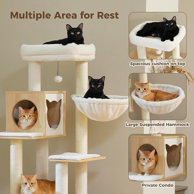 PEQULTI 57.5" Cat Tree with Litter Box Enclosure Large, Wood Cat Tower for Indoor Cats with Storage Cabinet and Cozy Cat Condo, Sisal Covered Scratching Post and Repalcable Dangling Balls, Beige-Mewly Pet