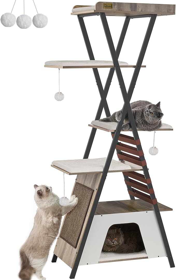 FourFurPets 72.4" Cat Tree, Modern Cat Tower for Indoor Cats, Multi-Level Cat Condo with Caves, Tall Cat Tree with Cat Scratching Board, Wooden Cat Tower with Large Perch, Removable Pads, Camel Brown-Mewly Pet