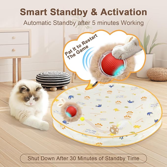 Interactive Cat Toys, Smart Rolling Ball in Play Mat, Automatic Speedy Moving Ball for Indoor Exercise, Motion Activated Pet Balls for Hide and Seek Mouse Catching Game (Red)-Mewly Pet