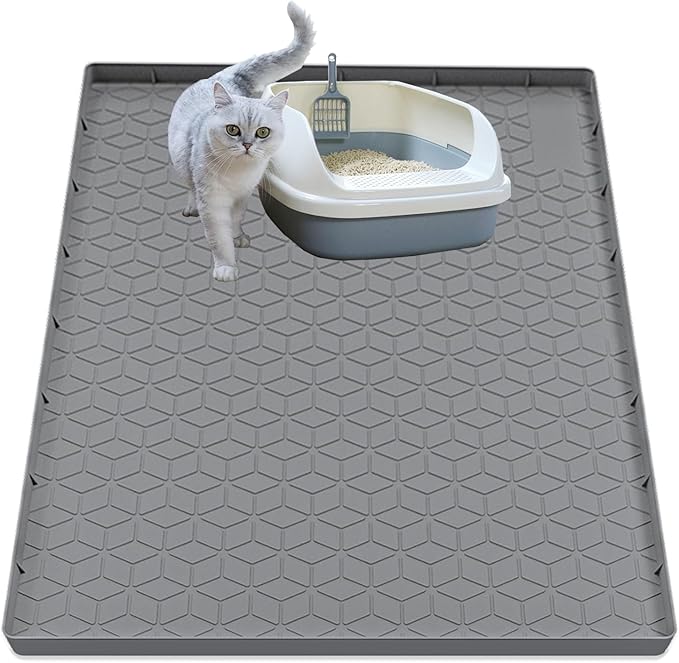 Cat Litter Mat for Litter Box, Silicone Large Cat Litter Trapping Mat - 34x22 in, Waterproof & Non-Slip, Durable & Easy Clean, Gray-Mewly Pet