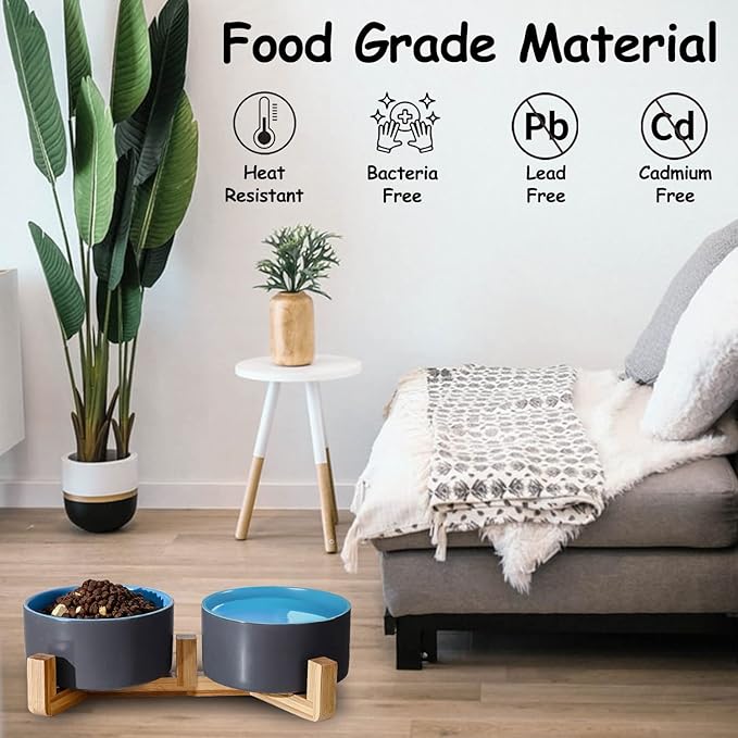 Petygooing Heavy 5.1 in Ceramic Cat Dog Bowls Set with Wood Stand for Food and Water, Non-Slip Cute Modern Pet Dish for Small Size Dogs and Cats (13.5OZ) Medium Sized Dogs (28OZ) Grey Blue-Mewly Pet