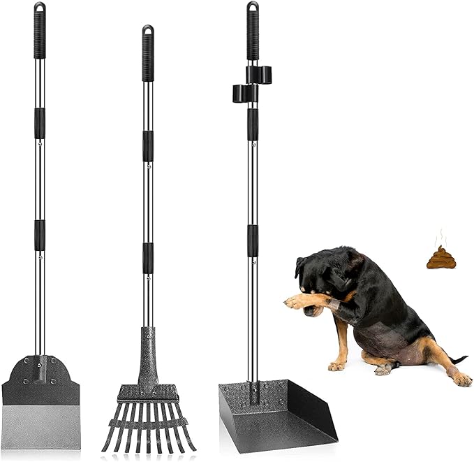 Dog Pooper Scooper, Adjustable Handle Poop Scooper with Tray,Rake and Spade Set of 3, Steel Stainless Poop Scoop for Small Medium Dogs and Pet Waste on Grass, Dirt and Gravel (Medium Size)-Mewly Pet
