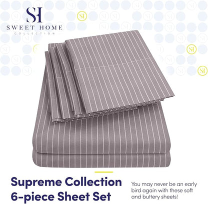 Full Size Bed Sheets - 6 Piece 1500 Supreme Collection Fine Brushed Microfiber Deep Pocket Full Sheet Set Bedding - 2 Extra Pillow Cases, Great Value, Full, Pinstripe Gray