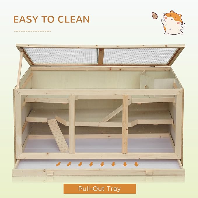 PawHut 45" Extra Large Wooden Hamster Cage, 3-Layer Chewproof Rat Cage with Opening Roof, Hut, Ramps, for Gerbil, Dwarf & Syrian Hamsters, Natural-Mewly Pet