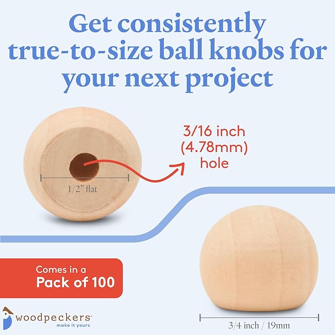 Wood Knobs, 3/4 Inch Round Natural Wood Drawer Pulls, Pack of 100 Unfinished Wooden Drawer Knobs, Ball Shaped Wood Cabinet Knobs, Nursery Dresser Knobs, Wood Door Knobs and Crafts
