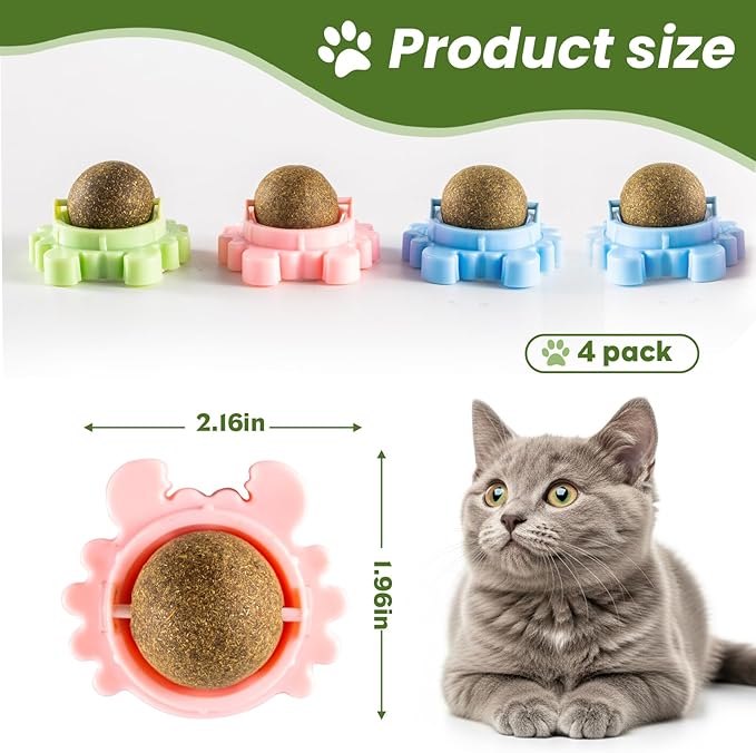 Catnip Toys 4 Pack Catnip Balls Catnip Wall Ball 360° Rotatable Chewing Teeth Cleaning Edible Cat Interactive Toys Indoor Play with Cats Wall Anxiety Relief Cat Chew Ball-Mewly Pet