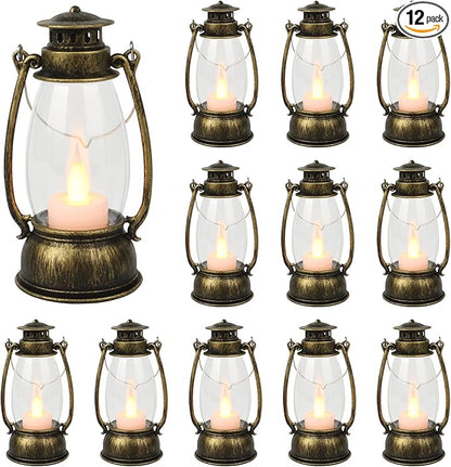 12Pcs Mini Lantern for Halloween Decor, 6Inch Small Lanterns for Western Garden Camping Party Decorations, Vintage Candleholders Table Centerpiece, Forest Christmas Wedding Decorations (Brass)