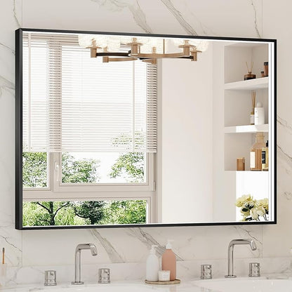 40x28 Inch LED Bathroom Mirror, Black Metal Framed Lighted Mirror for Bathroom, Wall Mouted LED Vanity Mirror with Lights, 3 Colors and Stepless Dimmable, Anti-Fog, Memory