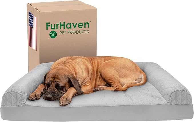 Furhaven Cooling Gel Dog Bed for Large Dogs w/ Removable Bolsters & Washable Cover, For Dogs Up to 125 lbs - Quilted Sofa - Silver Gray, Jumbo Plus/XXL-Mewly Pet