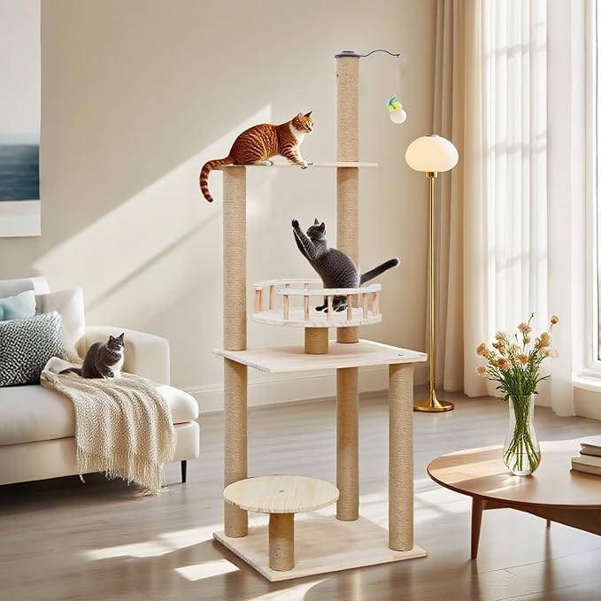 Wood Cat Tree 17” x 16”x 53” Modern Sturdy Cat Tower with Double Condos Hand-Woven Beds & Toys Multilevel Huge Paws Pals Tree Indoor Cat Furniture for Big Cats-Mewly Pet