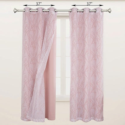 BONZER Mix and Match Curtains - 2 Pieces Branch Print Sheer Curtains and 2 Pieces Blackout Curtains for Bedroom Living Room Grommet Window Drapes, 37x84 Inch/Panel, Blush, Set of 4 Panels