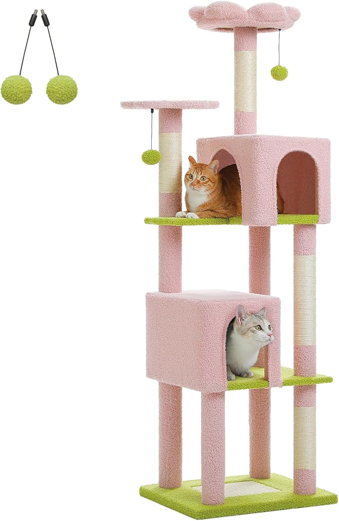 Flower Cat Tree, 62-Inch Large Cat Tower for Multi-Cat Households w/Scratching Posts, Multi-Level Cat Condo w/Cozy Top Perch & Scratching Pad, Padded Platform, 2 Pompoms, Pink-Mewly Pet