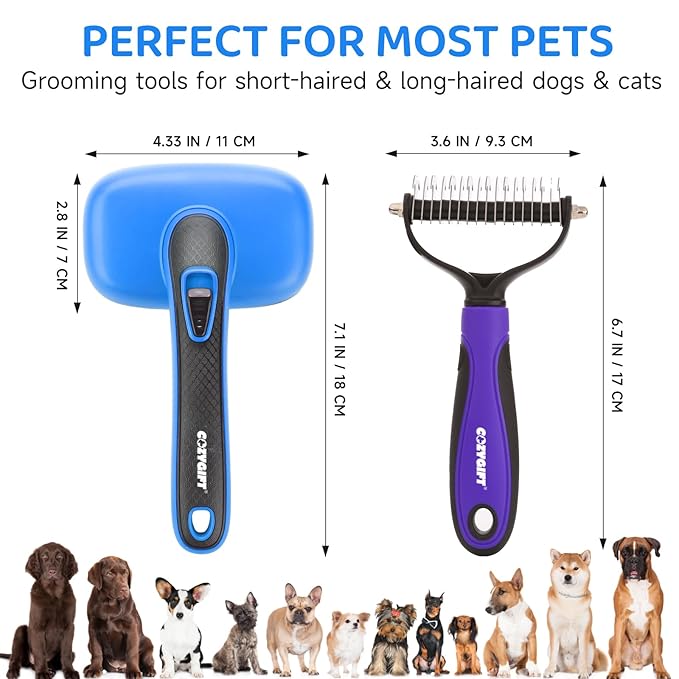 Dog Brush Kit – 3 PCS Grooming Set with Self-Cleaning Brush, Undercoat Rake & Pet Bath Brush. Great for Shedding, Tangles & Dirt Removal – Ideal for Long & Short Haired Dogs & Cats, Blue-Mewly Pet
