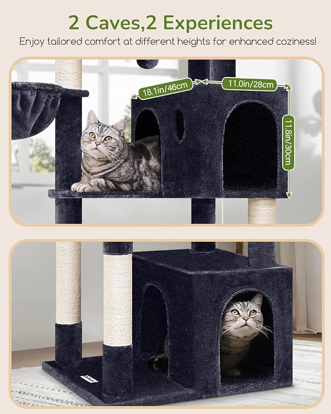 Globlazer Heavy Duty Cat Tree Tower, 73in Tall Cat Tree for Indoor Cats Large Adult, Cat Condo for Large Cats with 5 Scratching Posts, 2 Cat Caves, 2 Padded Perches, 2 Hanging Baskets, F73, Dark Gray-Mewly Pet