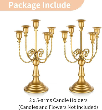 NUPTIO Gold Candelabras Candle Holder Set of 2 Metal Candelabra Centerpieces 5 Branches Candle Stick Stands Candleholder Fireplace Wedding Reception Antique Decorative Dinning Table Christmas