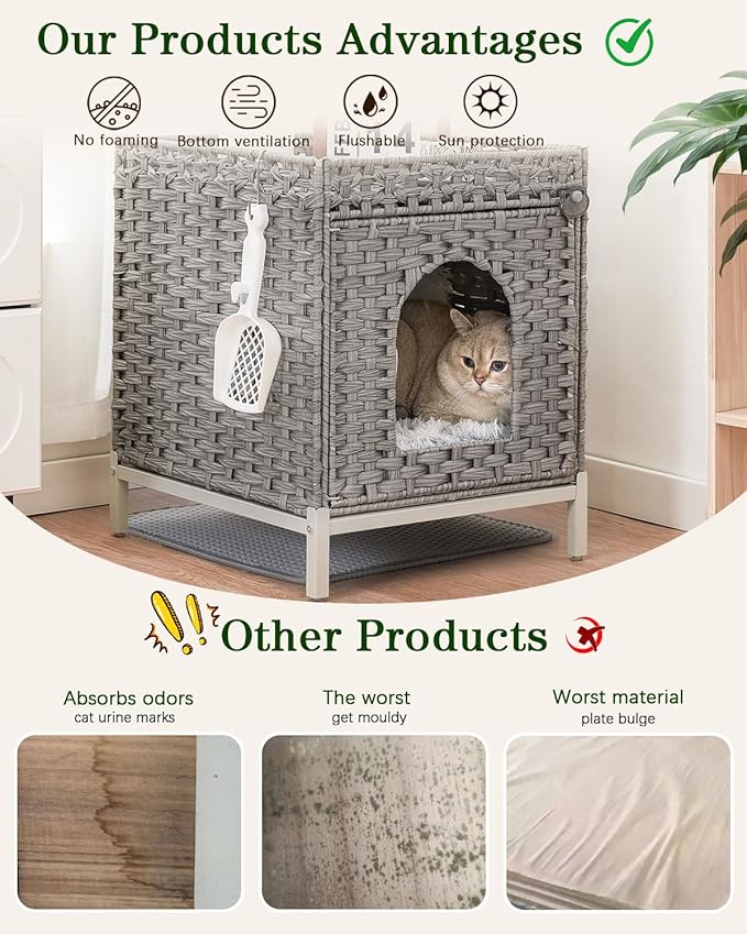 Cat Litter Box Enclosure Hidden Litter Box Furniture with Metal Heightened Feet, Rattan Handwoven Cat House with Litter Mat, Hidden Litter Box Furniture for Bedroom Living Room Gray-Mewly Pet