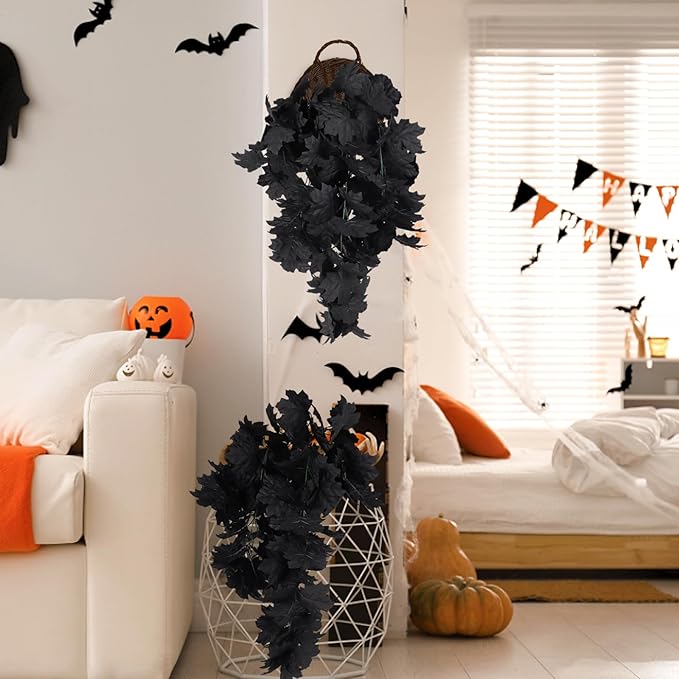 RECUTMS Black Maple Leaf Garland 2PCS Artificial Hanging Fall Halloween Maples Leaves Swag Plants 2.5ft Faux Silk Autumn Garlands for Indoor Outdoor Thanksgiving Party Home Room Fireplace Patio Decor