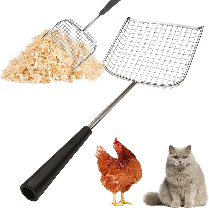 Sand Dipper Cat Poop Scooper & Chicken Poop Scooper - Rugged Big 6" Square Stainless Steel Long Handle for Home Kitty Litter Scoop & Farm Chicken Compatible Coop Scooper (Scoop)-Mewly Pet