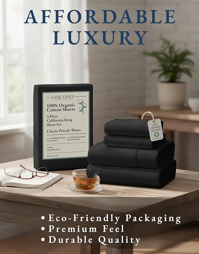 Lane Linen 100% Organic Cotton California King Sheets Set, 4-Piece Pure Organic Cotton Long Staple Percale Weave Ultra Soft Best Bedding Sheets for Bed, Breathable, Fits Mattress Upto 15" Deep - Black
