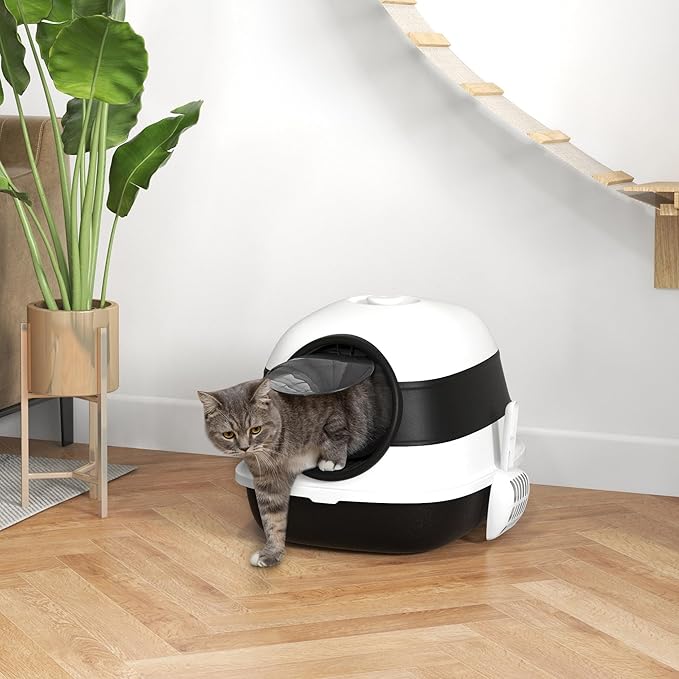PawHut Cat Litter Box - Covered, High Sides, Air Freshener, Two-Way Entrance, Foldable, Easy Clean, White & Black-Mewly Pet