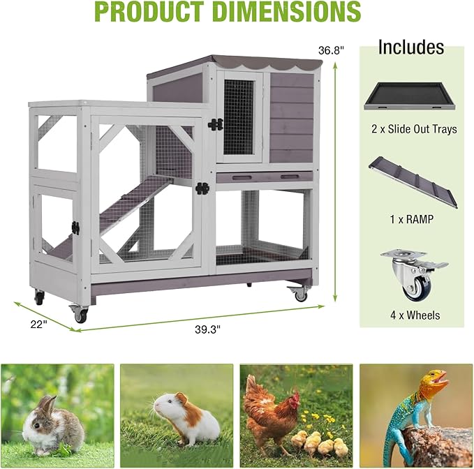 GUTINNEEN 2-Story Rabbit Hutch Indoor with Chew-Proof Design & Slide-Out Trays - Wooden Small Animal Cage Guinea Pig Cages with Lockable Wheels for 2-3 Rabbits, Bunnies, Guinea Pigs (Grey)-Mewly Pet