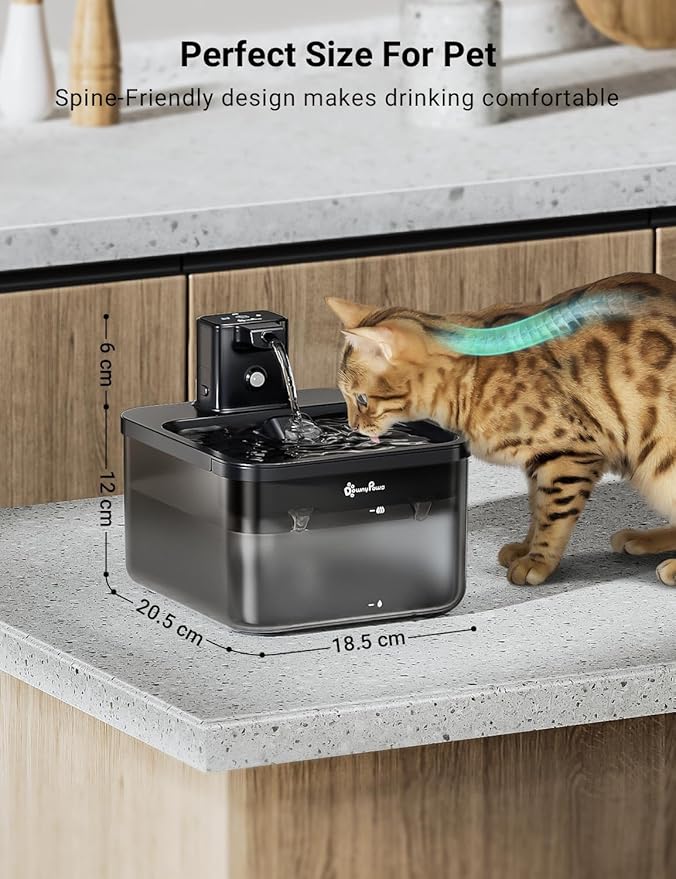 DownyPaws Battery Operated Cat Water Fountain, 84oz/2.5L Fursink Wireless Cat Waterer Fountain with Motion Sensor, BPA-Free, Black with 6 Filters-Mewly Pet