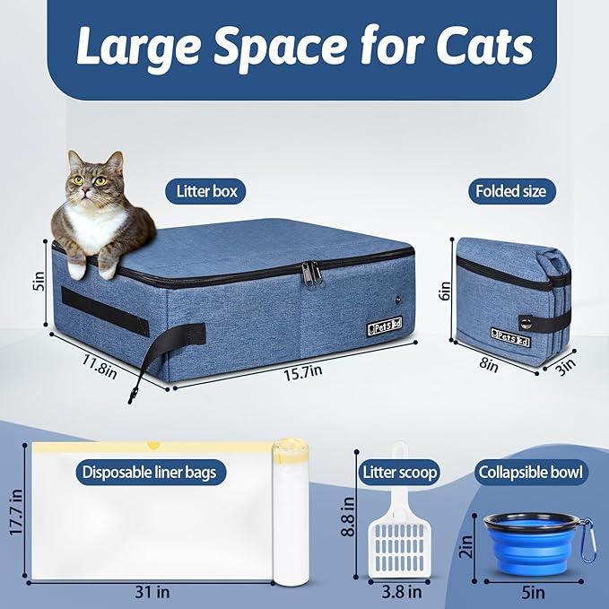 Petskd Portable Cat Travel Litter Box with Lid and 10 pcs Disposable Liner Bags, Leak-Proof and Collapsible, Cat Travel Essentials for Car, Hotel, Airplane and Other Outdoor Use(Blue)-Mewly Pet
