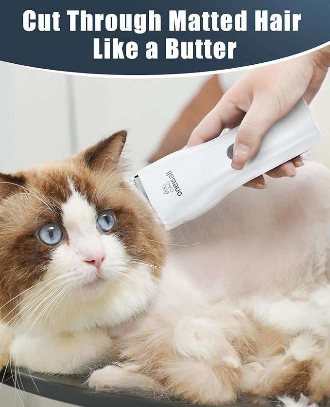oneisall Pet Clipper for Cat Matted Hair, Pet Shaver for Cats Quiet Pet Clippers Waterproof Cordless Cat Clippers for Matted Hair Long Hair with Storage Bag (White)-Mewly Pet