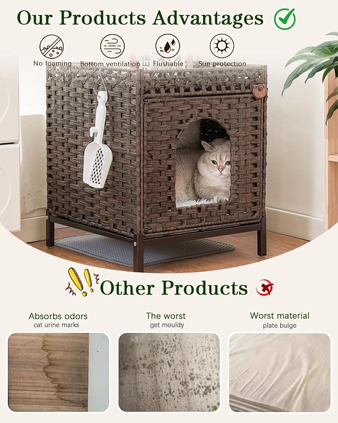 Cat Litter Box Enclosure Hidden Litter Box Furniture with Metal Heightened Feet, Rattan Handwoven Cat House with Litter Mat, Hidden Litter Box Furniture for Bedroom Living Room Brown-Mewly Pet
