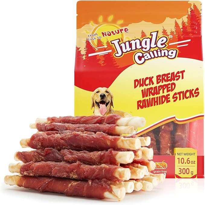 Jungle Calling Dog Treats, Duck Breast Wrapped Rawhide Sticks for Dogs, Grain-Free Natural Chewy Treats Picky Dogs, Puppy Chews Snacks,10.6 oz-Mewly Pet