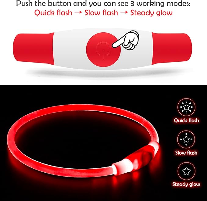 Led Dog Collar, BSEEN USB Rechargeable Flash Dog Necklace Light, Pet Safety Collar Makes Your Beloved Dogs Be Seen at Night for Small Medium Large Dogs(Red)-Mewly Pet