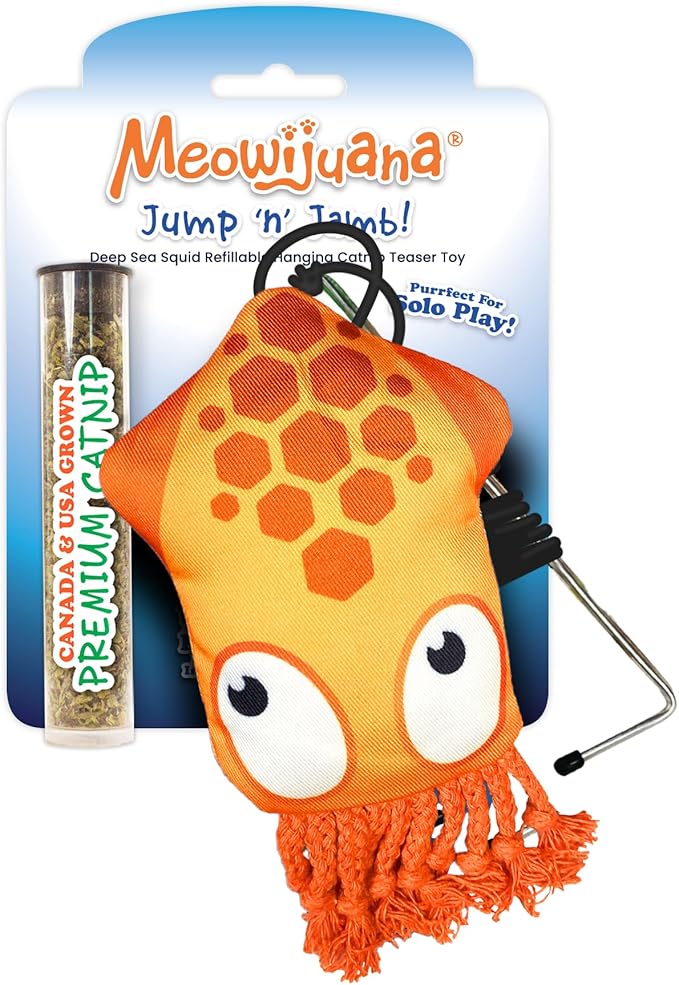 Meowijuana Jump 'n' Jamb Door Hanging Cat Toy | Deep Sea Squid | Refillable Interactive Catnip Toy | Promotes Play and Cat Health | Includes Potent Catnip Grown in North America-Mewly Pet