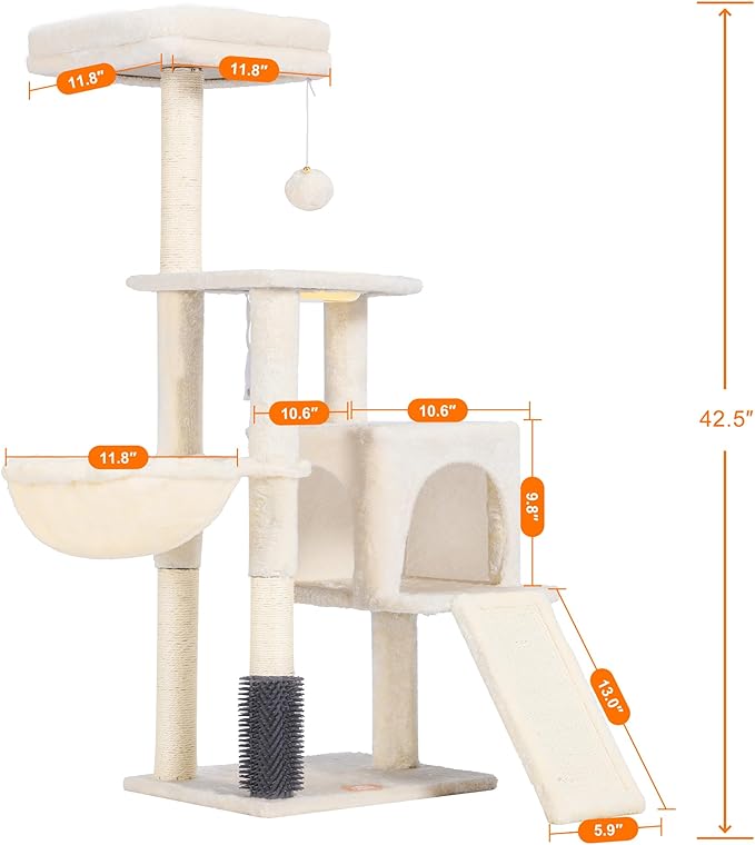 Heybly Cat Tree with Cat Self Groomer Brush, Cat Tower Condo for Indoor Cats with Padded Plush Perch, Cat House with Basket Scratching Board Post, Beige HCT005SM-Mewly Pet
