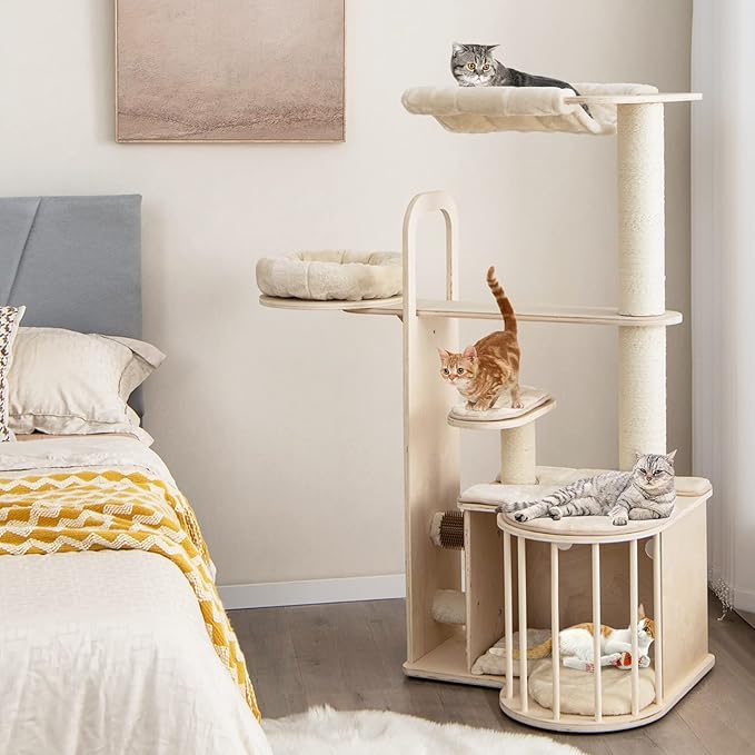 Tangkula Wood Cat Tree for Indoor Cats, 55 Inch Multi-Level Cat Tower Activity Center with Hammock, Cat Condo, Sisal Scratching Posts & Washable Cushions, Modern Cat Tree Houses for Large Cats-Mewly Pet