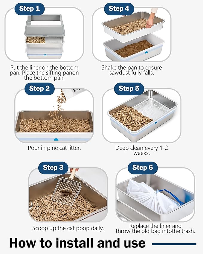 Stainless Steel Sifting Litter Box with Lid, Metal Litter Pan with Scoop for Big Cats Multi Cat, Extra Large Cats Litterbox Odor Control Easy Clean (24 * 16 * 12inch-with Enclosure, X-Large)-Mewly Pet