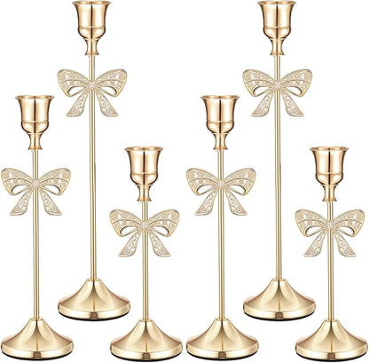 6 Pcs Christmas Candle Holders 3 Size Gold Taper Candlestick Holders Set Vintage Decorative Centerpiece for Table Mantel Wedding Housewarming Thanksgiving Gifts (Bowknot)