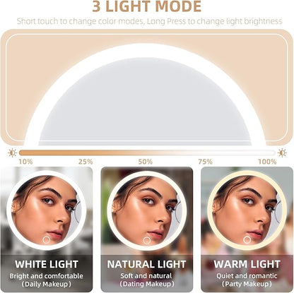 10x Magnifying Mirror with Light Large 6'' Lighted 10x Magnified Mirror with Suction Cups & Table Stand, 3 Color Modes Dimming High Magnification Travel Makeup Mirror with Tweezers & Scissors