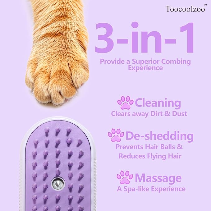 3-in-1 Cat Steam Brush, Rechargeable Cat Brush with Steam, Spritz Defur Comb for Dogs, Spritz Defur Comb for Cats (Purple)-Mewly Pet
