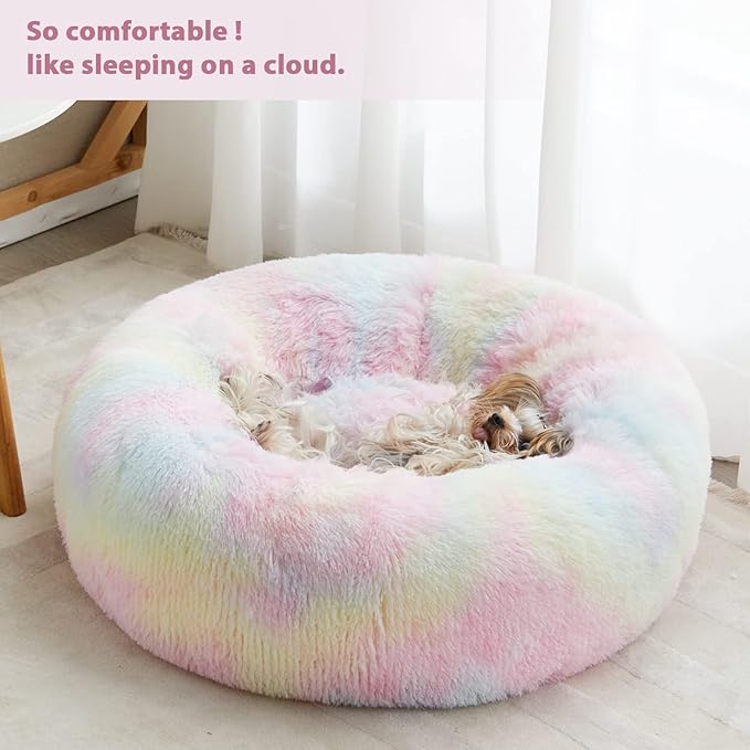 WNPETHOME Calming Dog Bed Cat Bed Donut, Faux Fur Pet Bed Self-Warming Donut Cuddler, Comfortable Round Plush Dog Beds (27 x 27 x 8 Inch, Rainbow)-Mewly Pet
