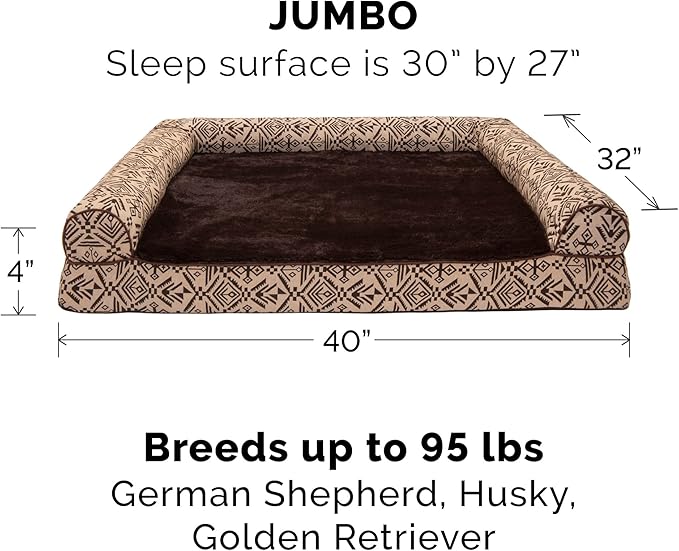 Furhaven Orthopedic Dog Bed for Large Dogs w/ Removable Bolsters & Washable Cover, For Dogs Up to 95 lbs - Plush & Southwest Kilim Woven Decor Sofa - Desert Brown, Jumbo/XL-Mewly Pet