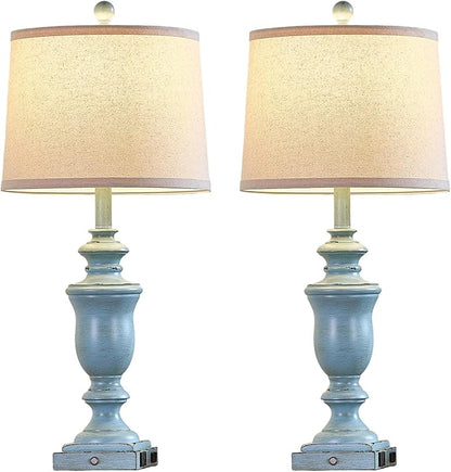 27.5" Set of 2 Farmhouse Table Lamps for Bedroom, 3 Way Dimmable Bedside Lamp with 2 USB +AC Outlet Nightstand Lamps for Living Room Resin Rustic Touch Lamps(Antique Blue)