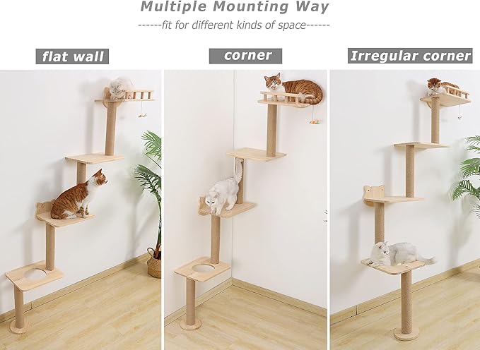 Cat Tree Wall Mounted with 4 Levels Shelves, 73" Wood Corner Tower Inside Kitten Scratching Post for Climbing,Perching and Lounging (Left to Right)-Mewly Pet