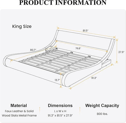 SHA CERLIN King Size Platform Bed Frame - Stylish Low Profile Design, Ergonomic Faux Leather Headboard, No Box Spring Needed, Modern Sleigh Bed, White