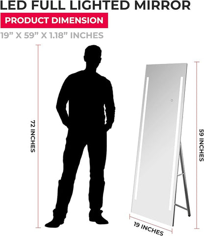 Full Length LED Lighted Free Standing Floor Mirror with ON/OFF Touch Button for Makeup, Dressing in Bedroom & Living Room 19"x59" by Fab Glass and Mirror