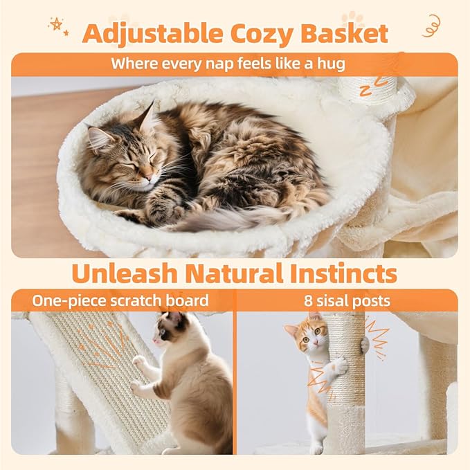 Taoqimiao Cat Tree 71-Inch, Cat Tower for Indoor Cats Large Adult, Multi-Level Large Cat Condo, 8 Sisal Scratching Posts, Metal Frame Cozy Hammock, Scratch Board, 2 Top Perches, Beige MS026LM-Mewly Pet