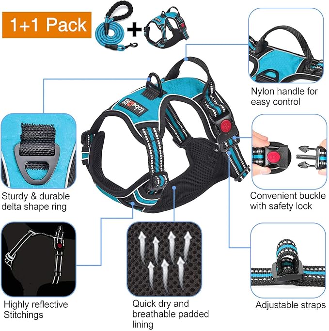 No Pull Dog Harness Adjustable Reflective Oxford Easy Control Medium Large Dog Harness with A Free Heavy Duty 5ft Dog Leash (L (Neck: 18"-25.5", Chest: 24.5"-33"), Blue Harness+Leash)-Mewly Pet