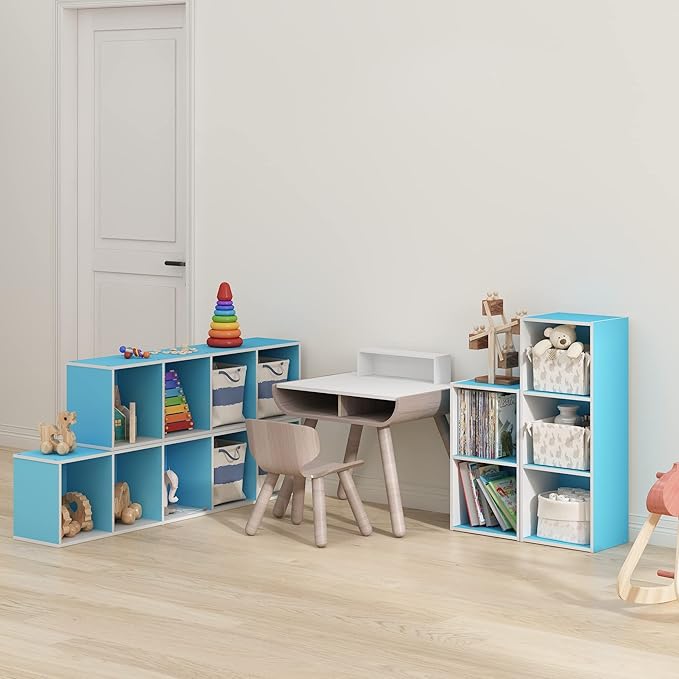 Furinno PASIR Book Shelf, 5-Tier Modern Bookshelf, Open Shelves Bookcase 9" x 12" x 52", for Living Room, Bedroom, Home Office, Light Blue/White