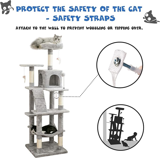 MWPO 63.8 inches Multi-Level Cat Tree for Large Cats with Sisal-Covered Scratching Posts, Padded Platform, Hammock and Condo,Stable Cat Tower Cat Condo Pet Play House-Light Gray-Mewly Pet